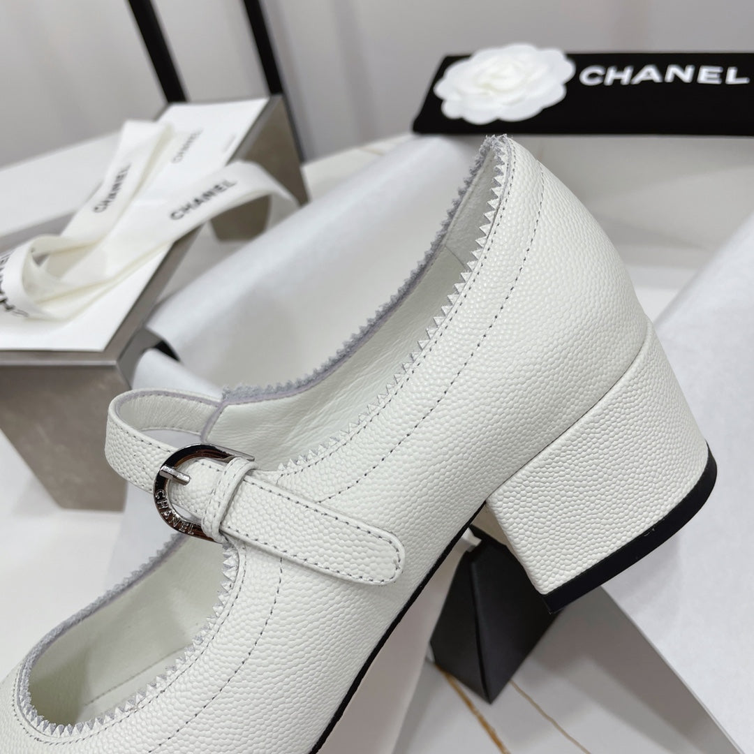 CHANEL MARY JANE BLOCK HEEL WHITE SHEEPSKIN