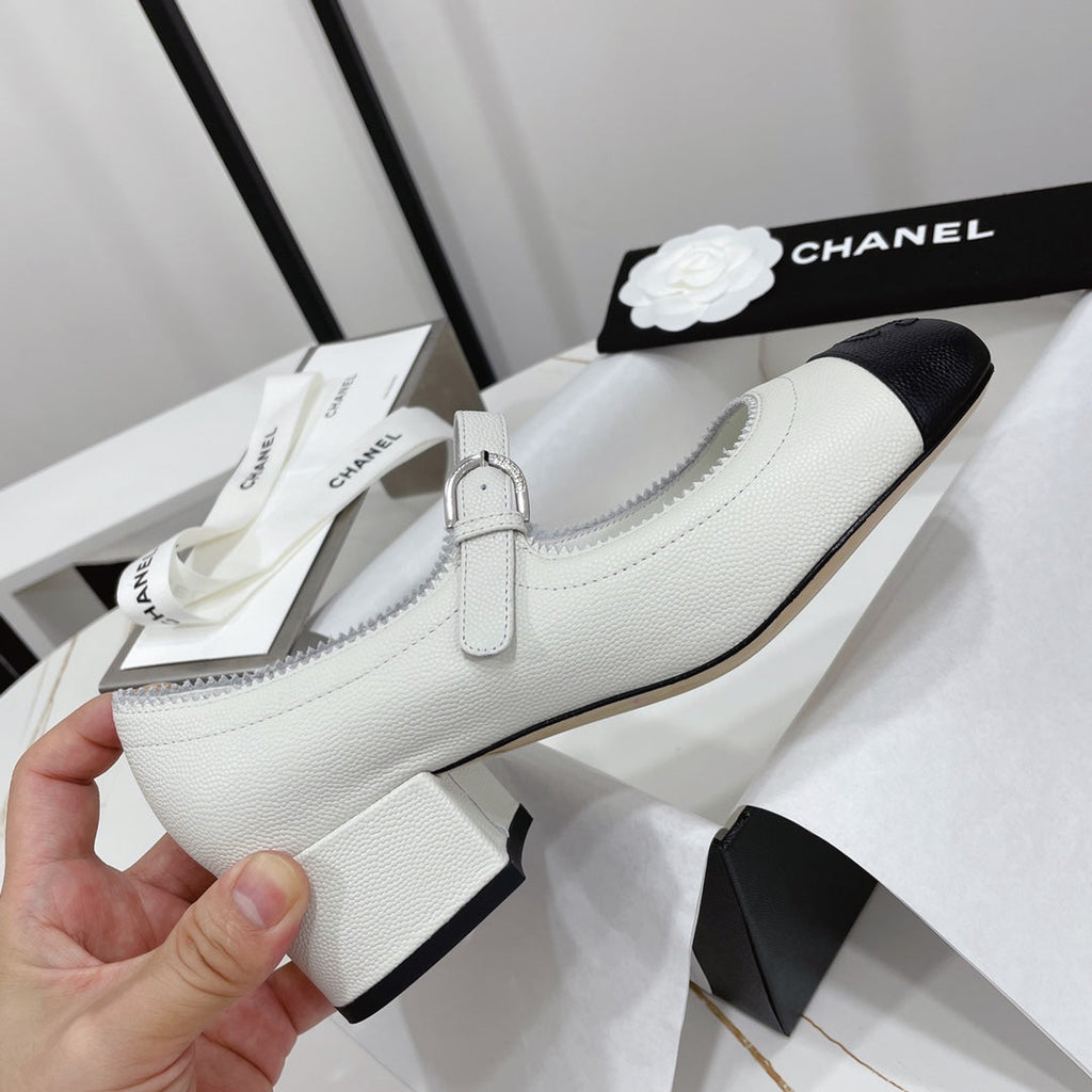 CHANEL MARY JANE BLOCK HEEL WHITE SHEEPSKIN