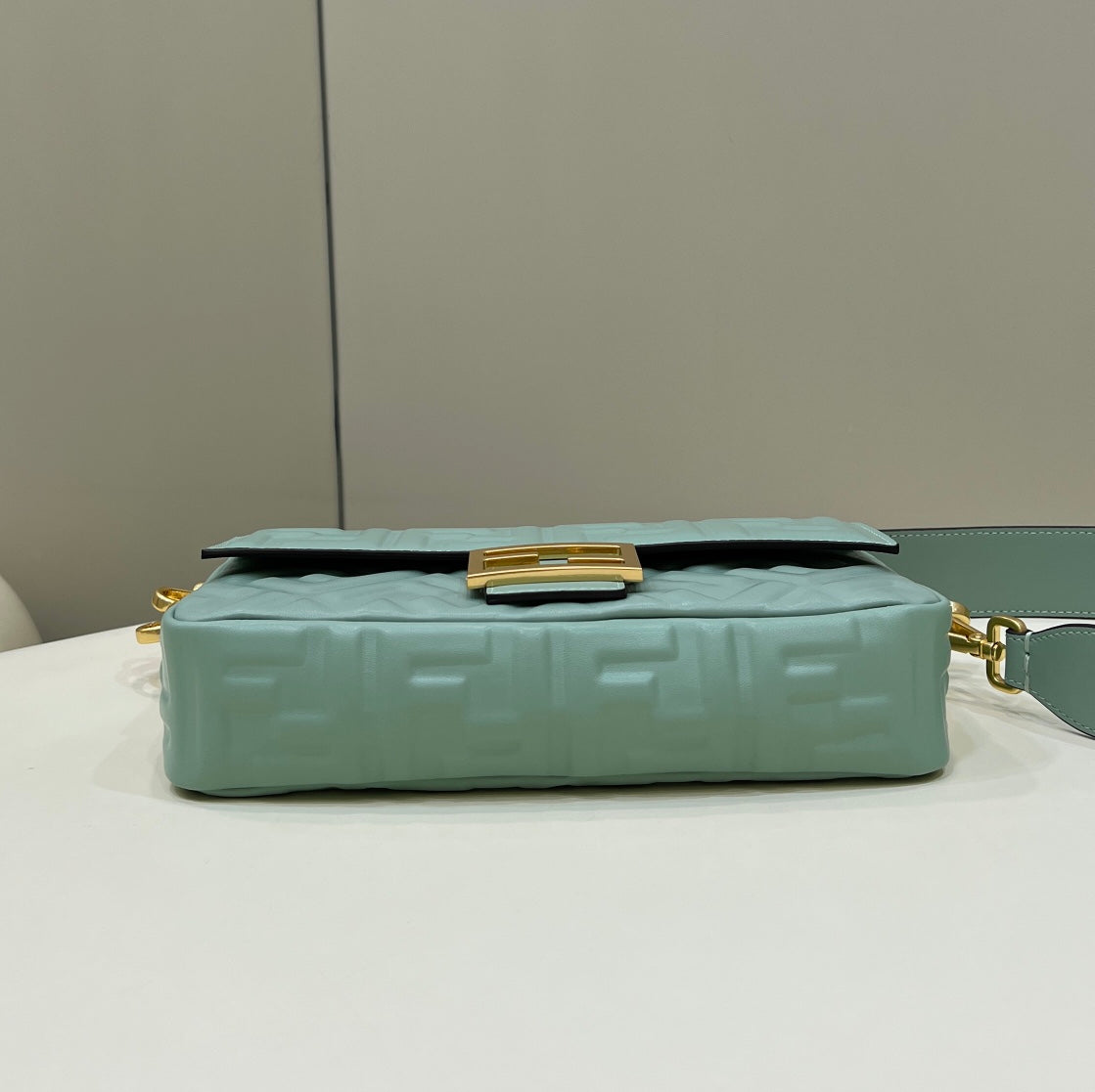BAGUETTE WITH FF MOTIF 27 IN VIRIDIAN GREEN SOFT LAMBSKIN GOLD HARDWARE
