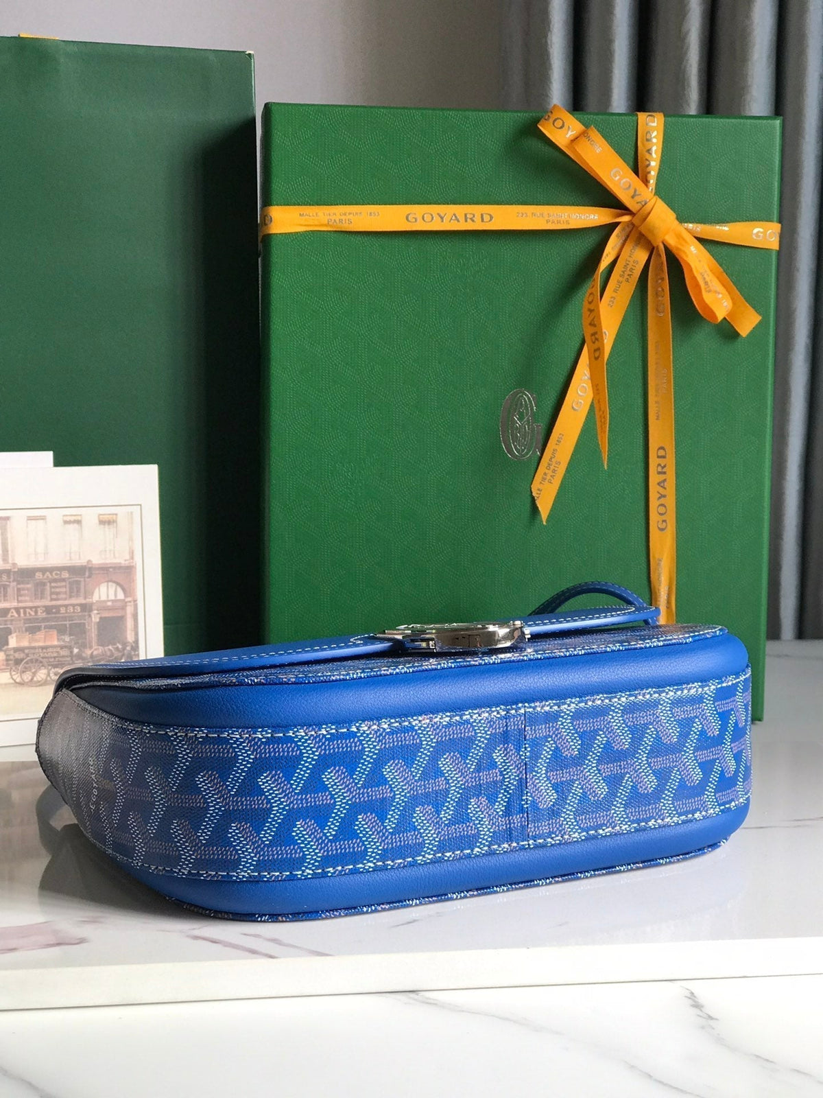 233 BAG 25 IN SAPPHIRE BLUE CALFKIN AND GOYARDINE CANVAS