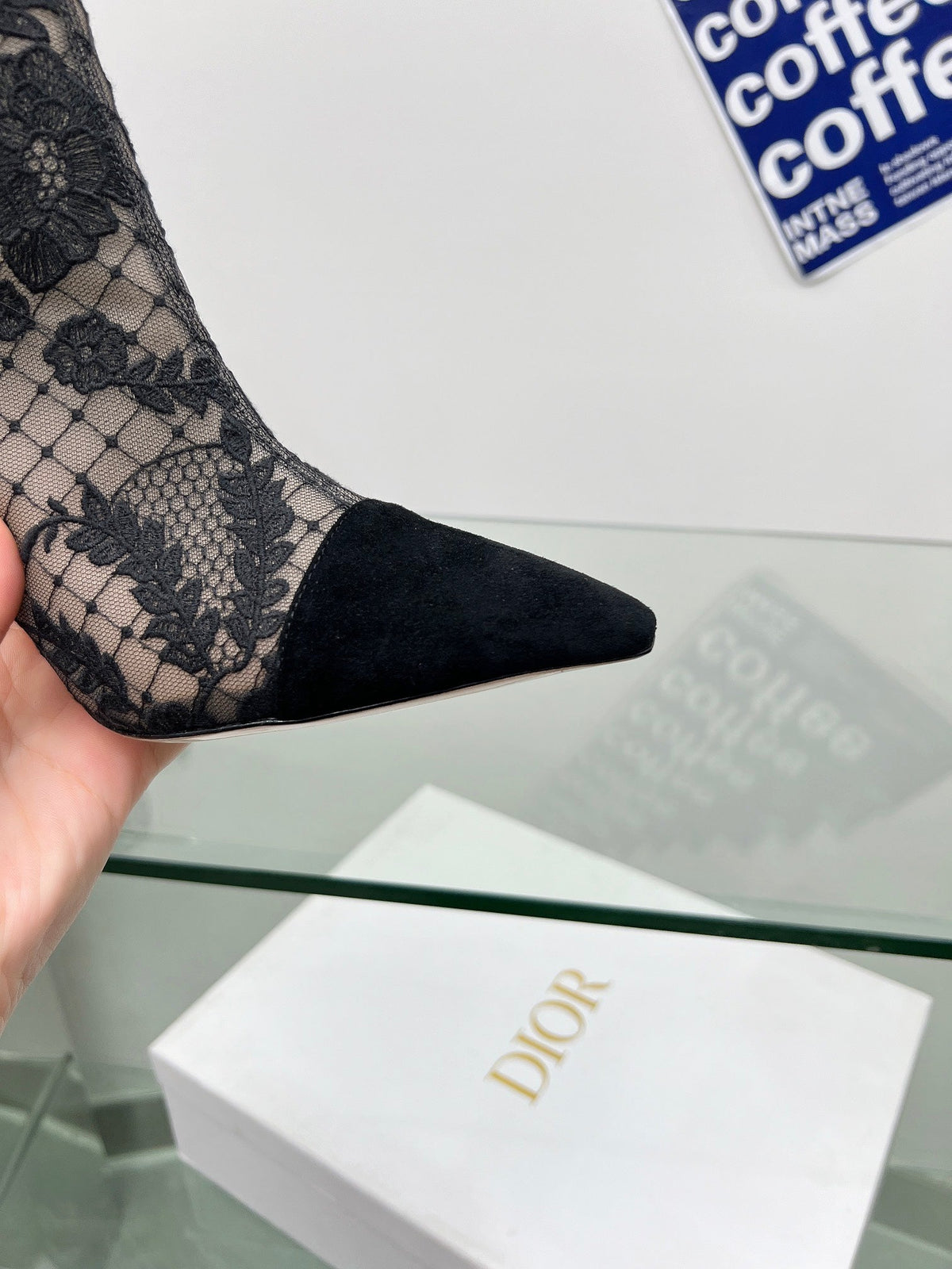 DIOR 25S POINTED-TOE ANKLE BOOTS 95 MM IN BLACK MESH TULLE AND SUEDE
