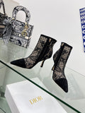 DIOR 25S POINTED-TOE ANKLE BOOTS 95 MM IN BLACK MESH TULLE AND SUEDE