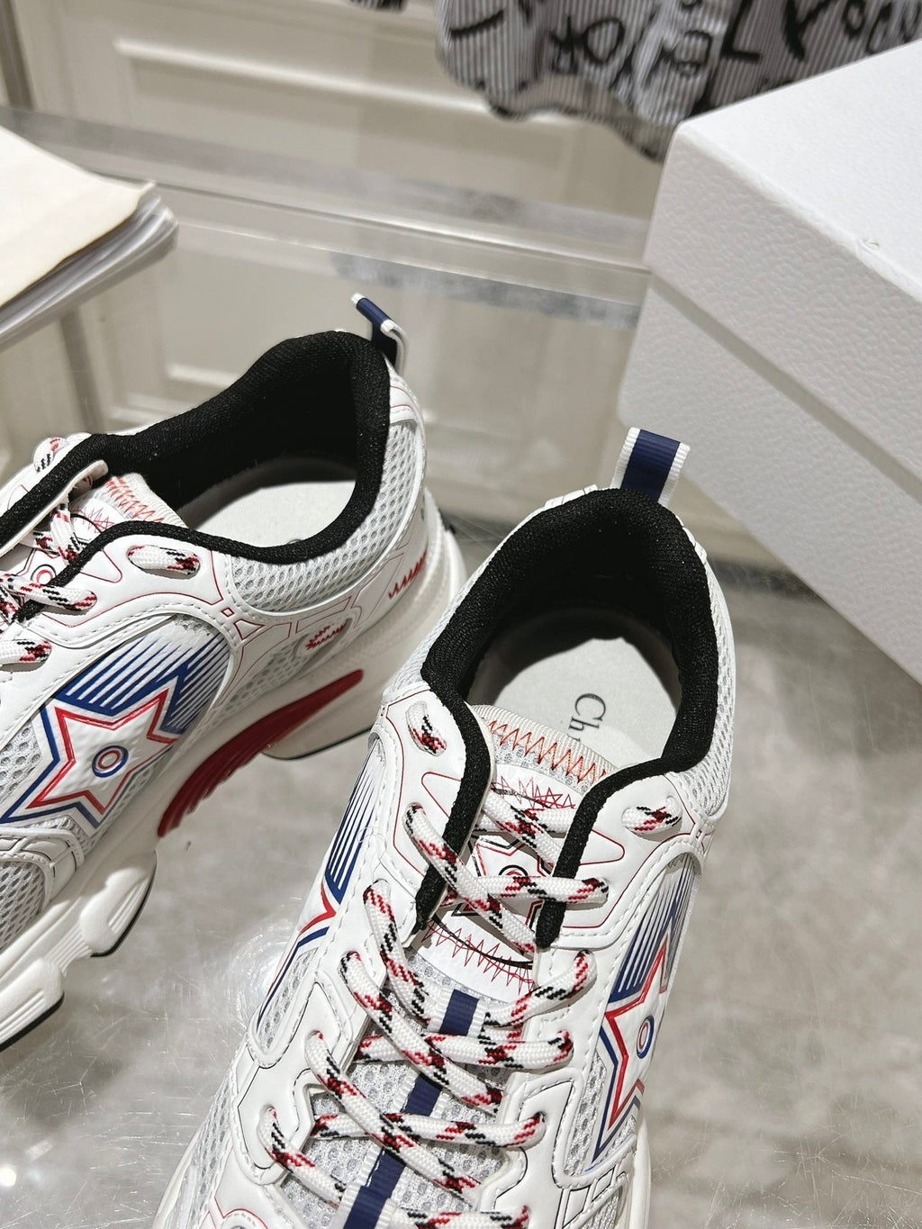 DIOR 25S CHRONO STAR FLATFORM SNEAKERS 45MM IN MESH WITH WHITE CALFSKIN