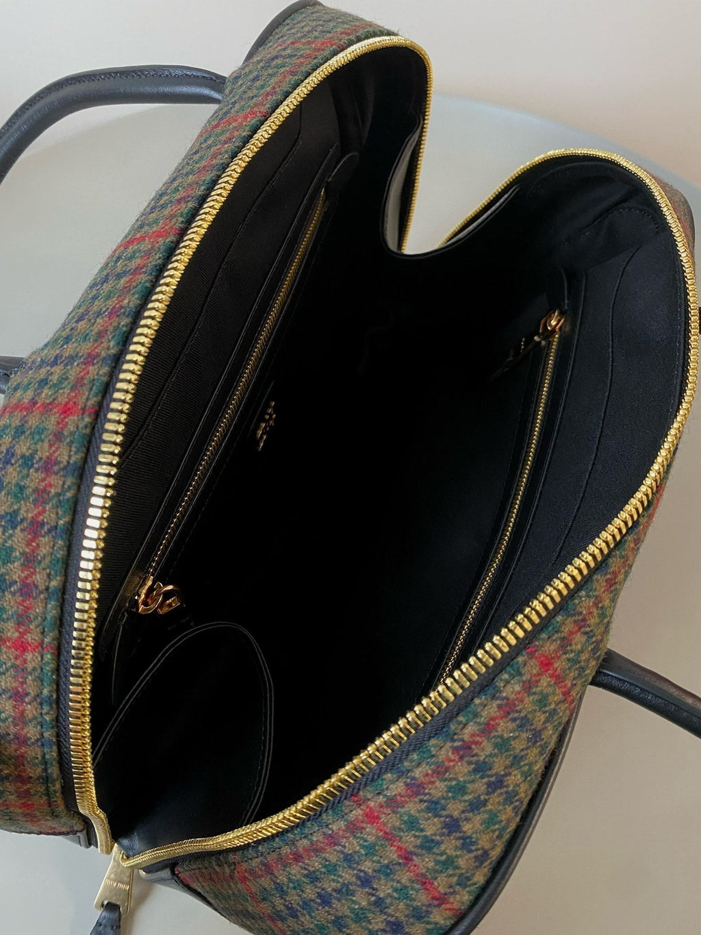 BEAU TOP HANDLE BAG 34 IN LODEN GREEN TARTAN AND BLACK LEATHER TRIM