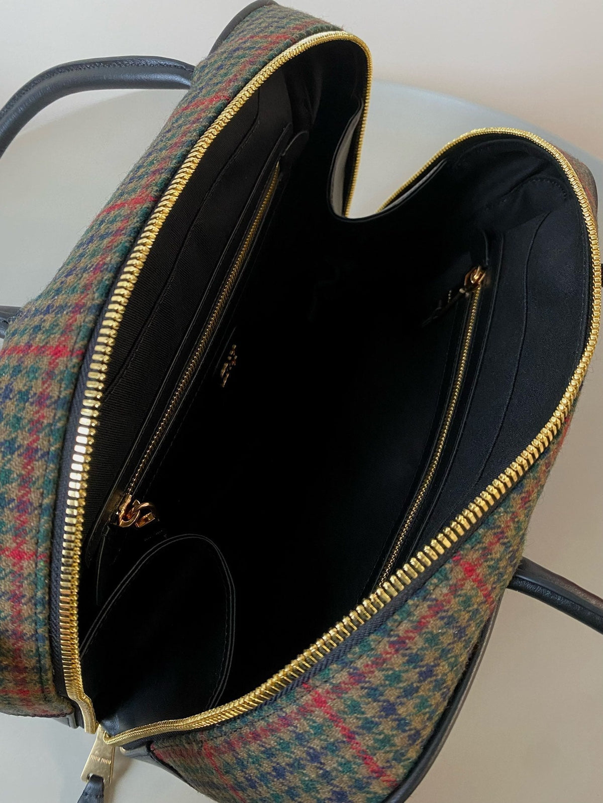 BEAU TOP HANDLE BAG 34 IN LODEN GREEN TARTAN AND BLACK LEATHER TRIM