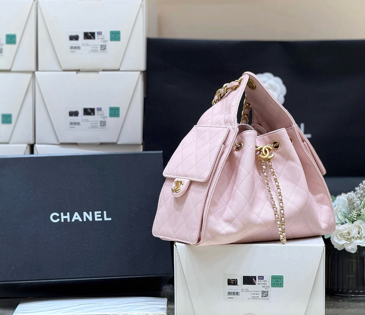 CHANEL 25 MEDIUM HANDBAG IN PASTEL PINK CALFSKIN WITH GOLD HARDWARE