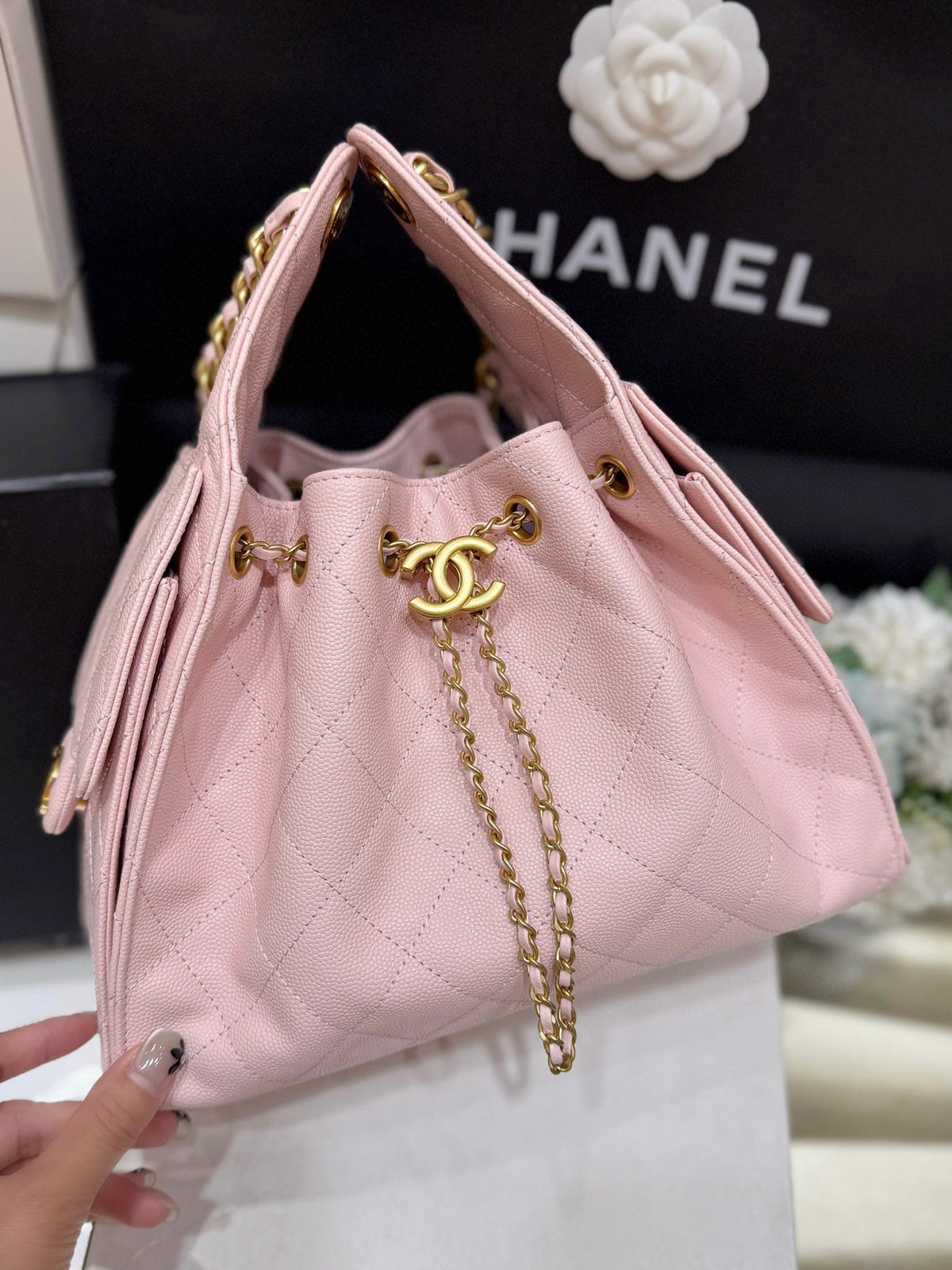 CHANEL 25 MEDIUM HANDBAG IN PASTEL PINK CALFSKIN WITH GOLD HARDWARE