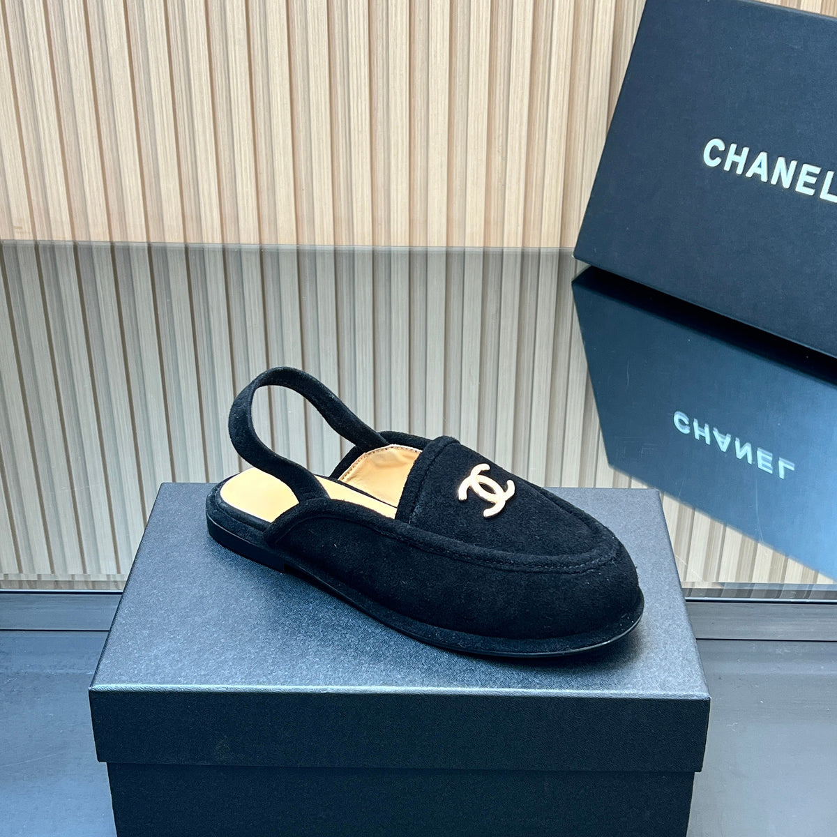 CHANEL 25S BACK STRAP MULE 15MM IN BLACK SUEDE GOLD HARDWRE