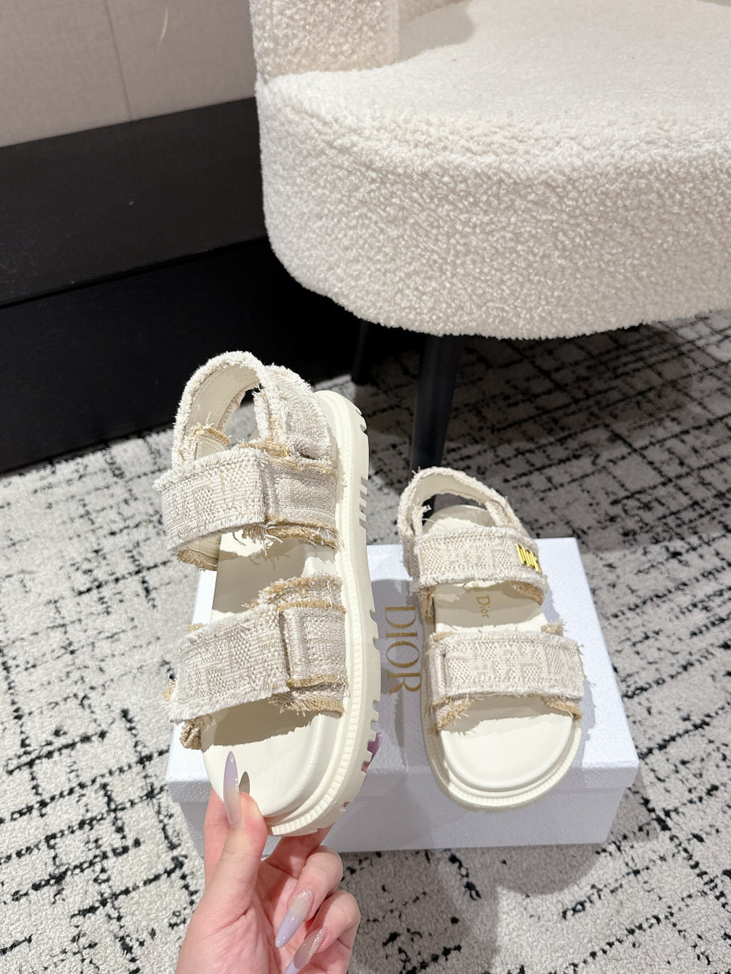 DIOR BACK-STRAP SANDALS 25S IN CREAM WHITE TWEED AND CALFSKIN WITH GOLD HARDWARE