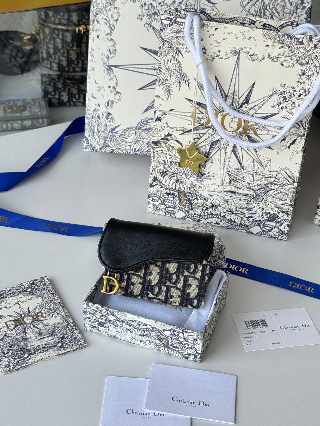 DIOR 25S SADDLE JASMINE GUSSET CARD HOLDER 10 IN BLUE BLACK OBLIQUE JACQUARD CANVAS AND CALFSKIN