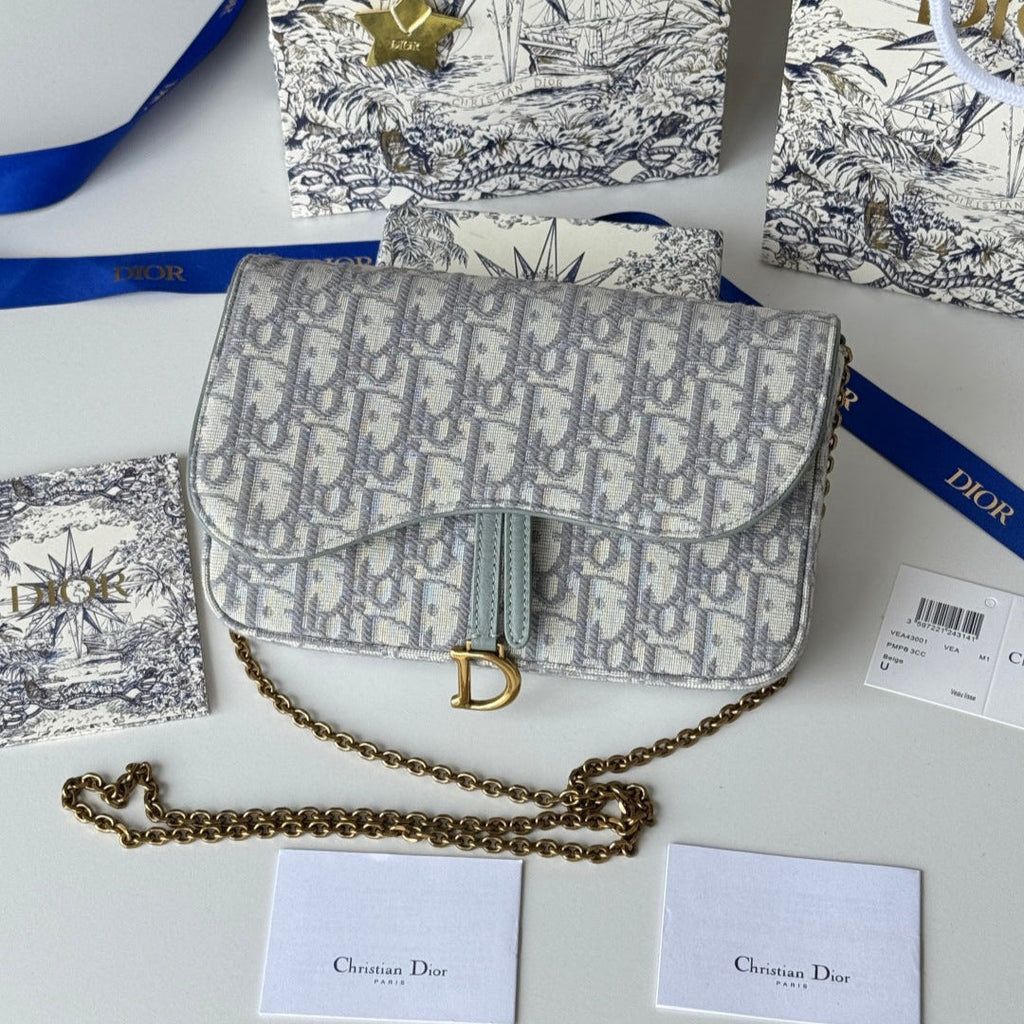 DIOR 25S MEDIUM SADDLE POUCH WITH CHAIN 21 IN GRAY DIOR OBLIQUE JACQUARD CANVAS