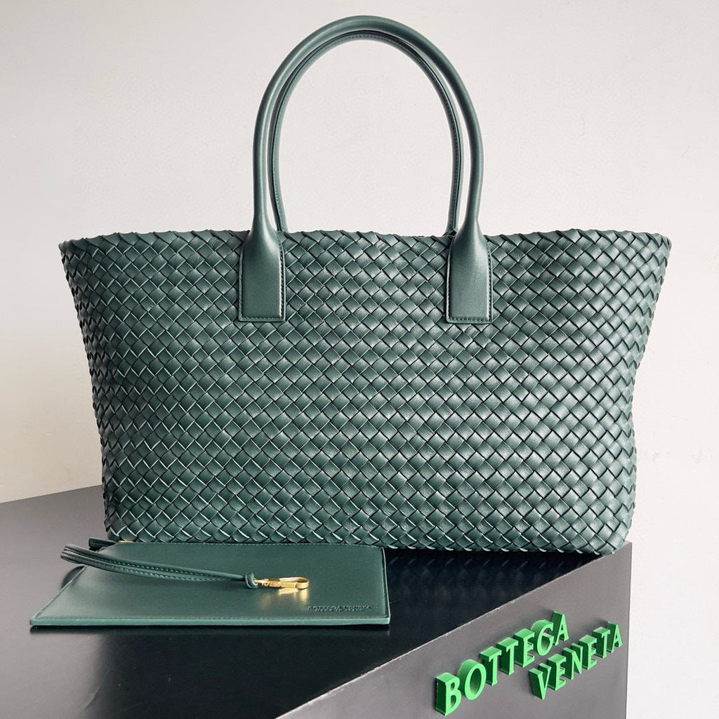 BOTTEGA VENETA 25S LARGE CABAT BAG 51 IN DEEP SLATE GREEN LAMBSKIN