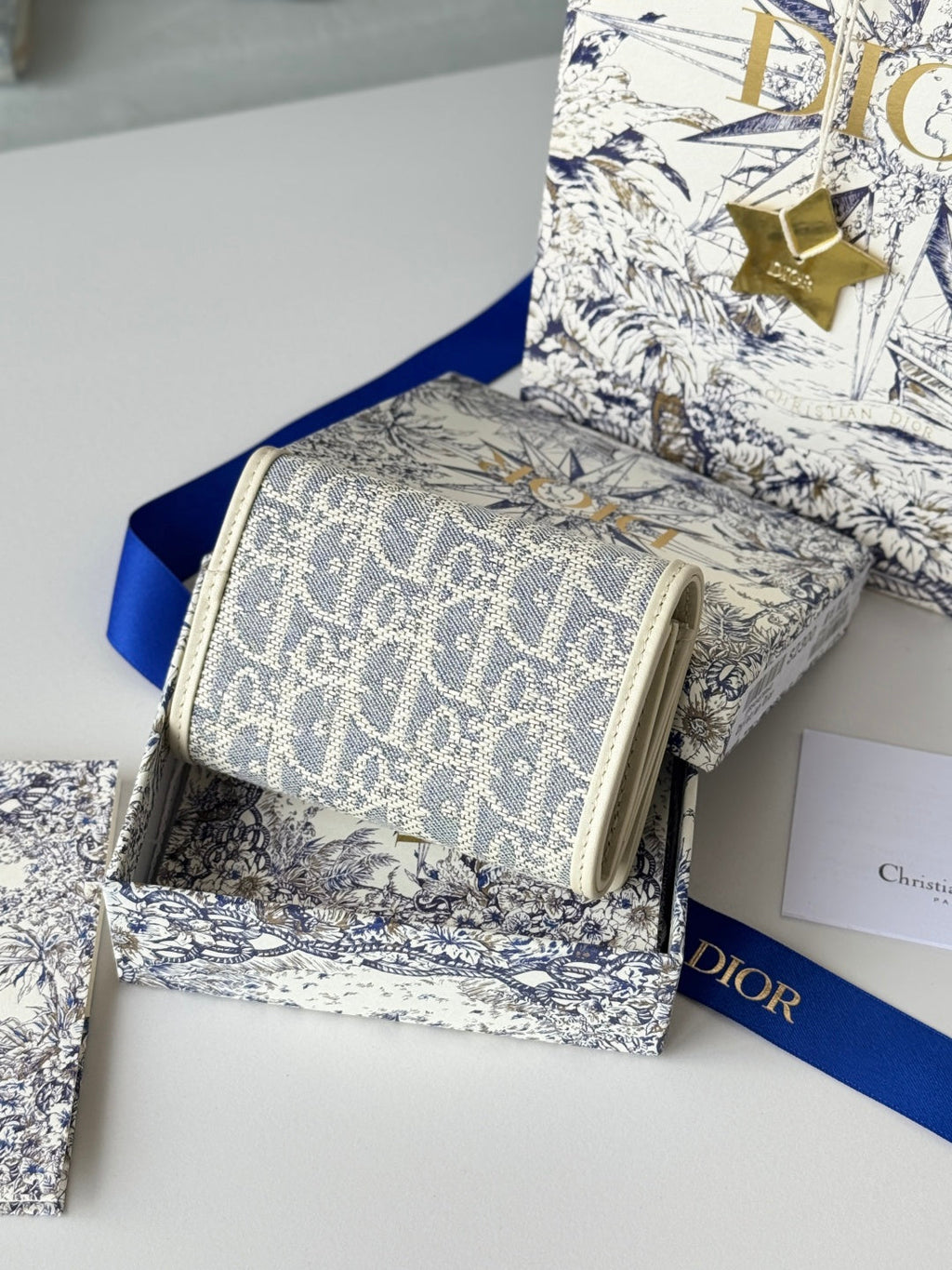 DIOR 25S CARO CARD HOLDER 11 IN LIGHT BLUE CALFSKIN AND CANVAS GOLD HARDWARE