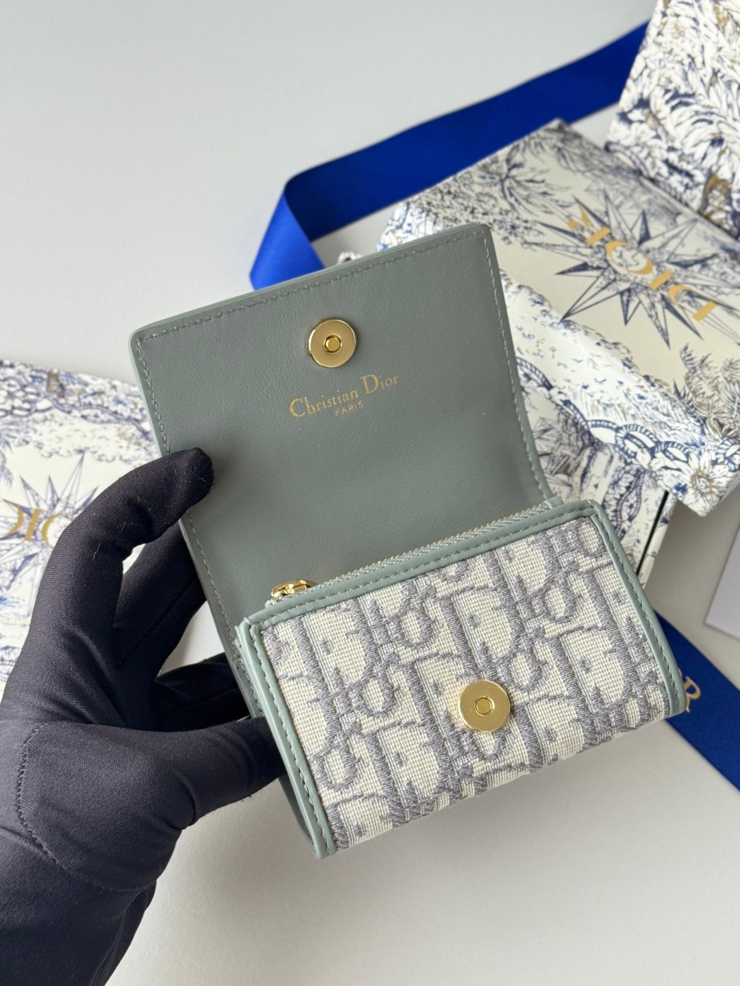 DIOR 25S CARO CARD HOLDER 11 IN GRAY CALFSKIN AND CANVAS GOLD HARDWARE