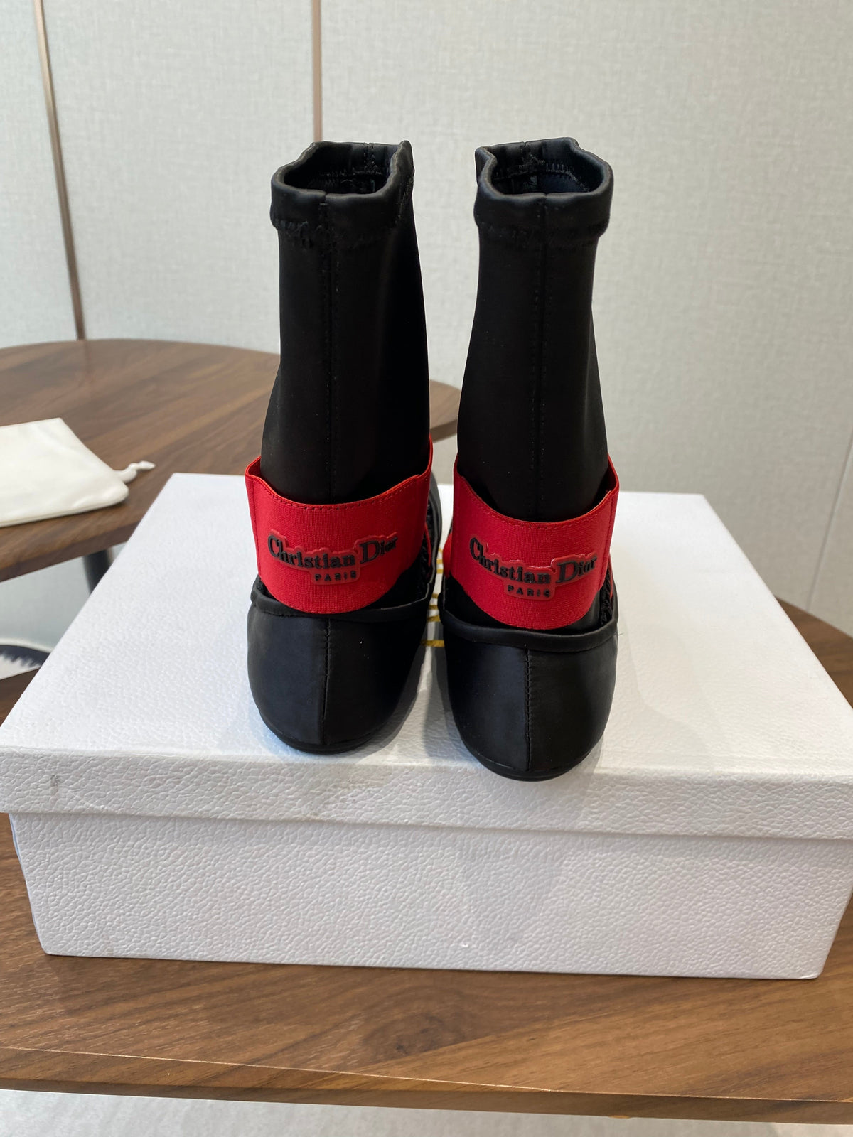 DIOR 25S STRETCH BALLET BOOTS IN BLACK AND RED SATIN