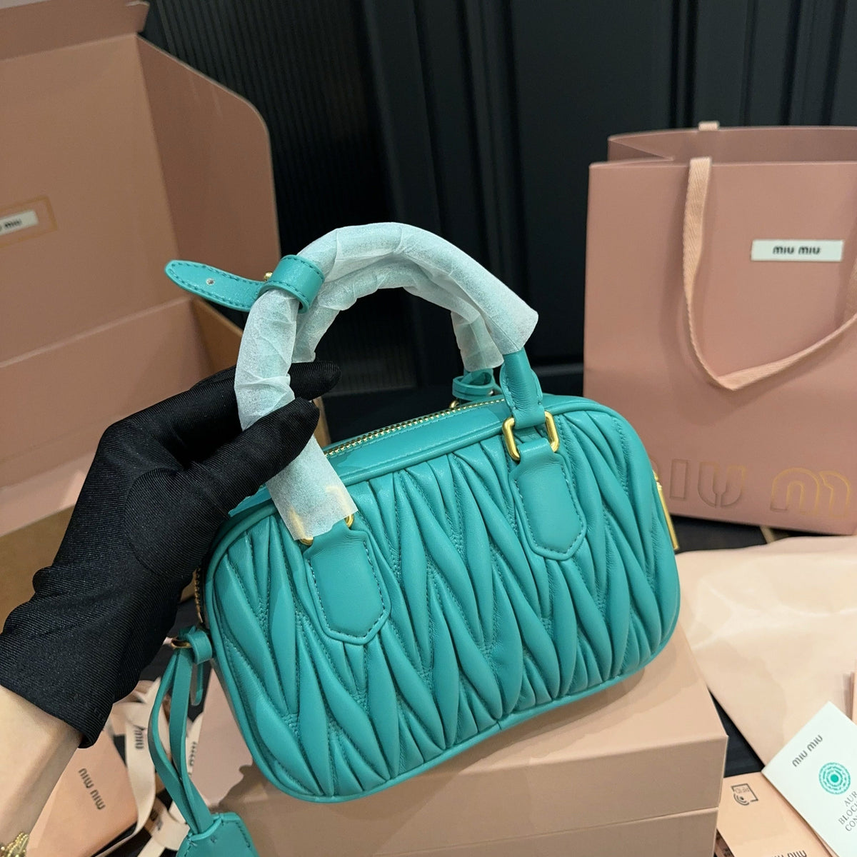 ARCADIE MATELASSÉ BAG 20 IN HIPPIE BLUE LAMBSKIN GOLD HARDWARE