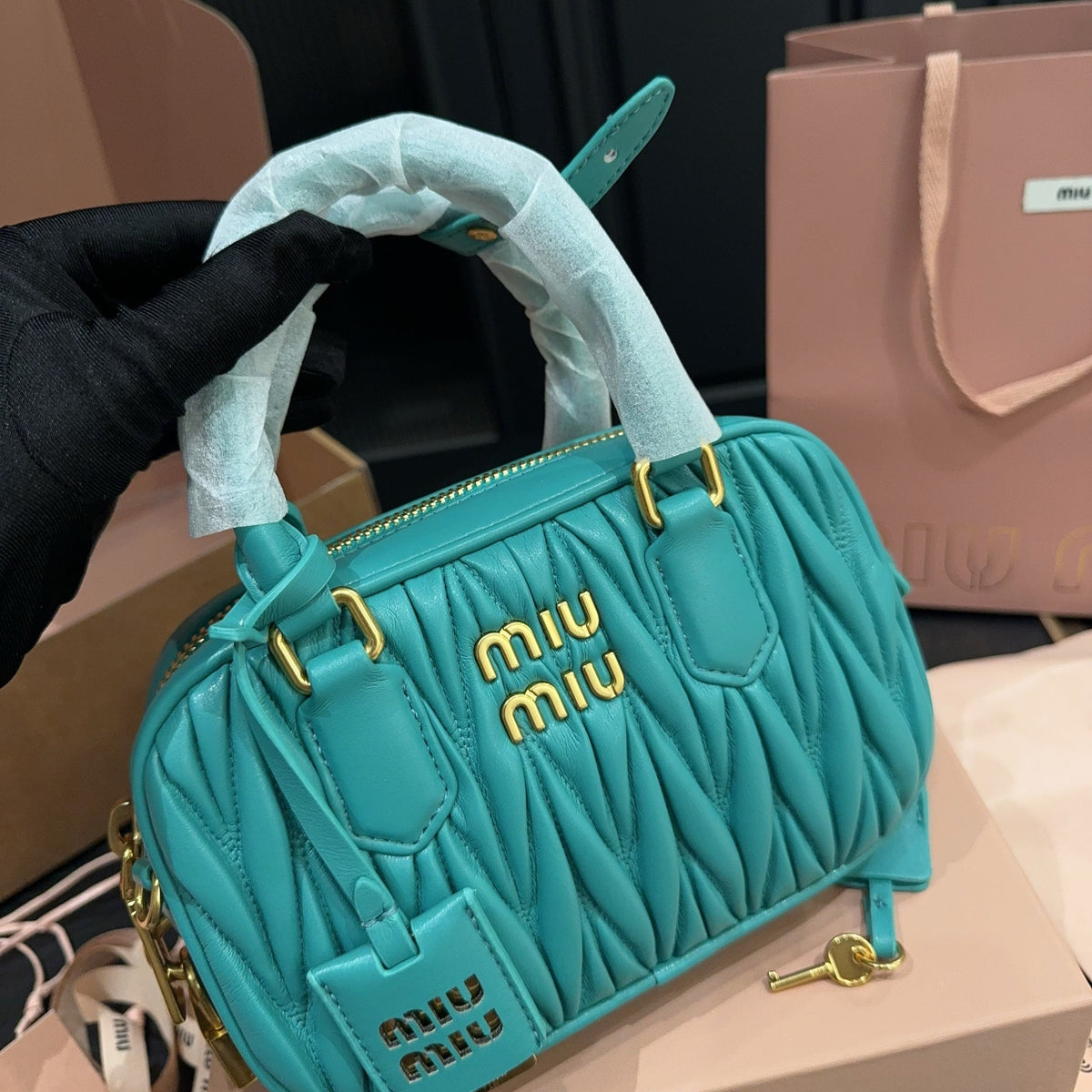 ARCADIE MATELASSÉ BAG 20 IN HIPPIE BLUE LAMBSKIN GOLD HARDWARE