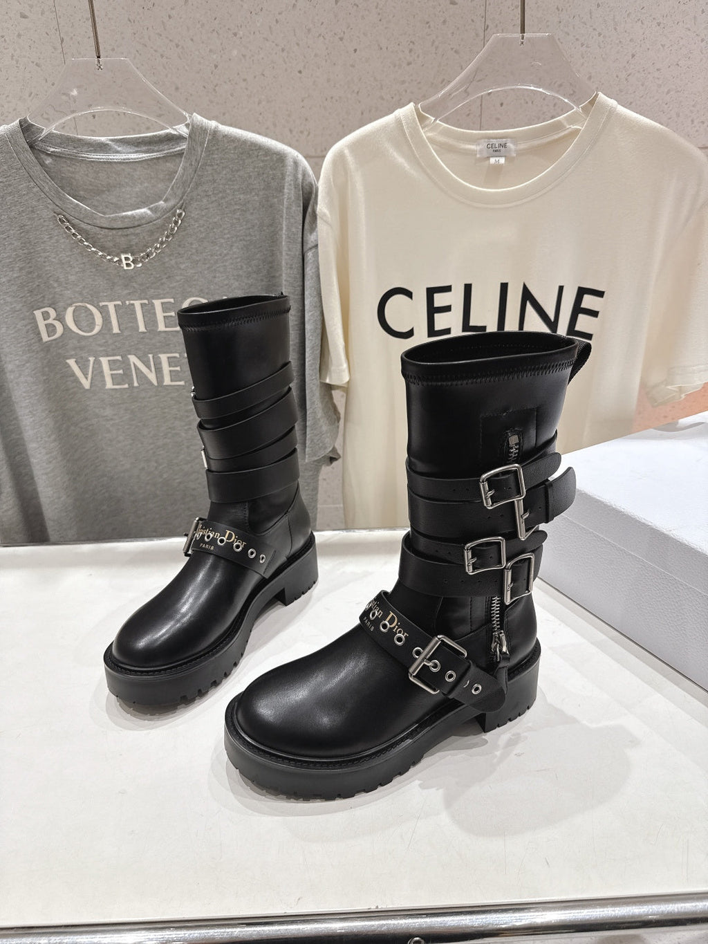 DIOR 25S BIKER BOOTS IN BLACK CALFSKIN WITH SILVER HARDWARE