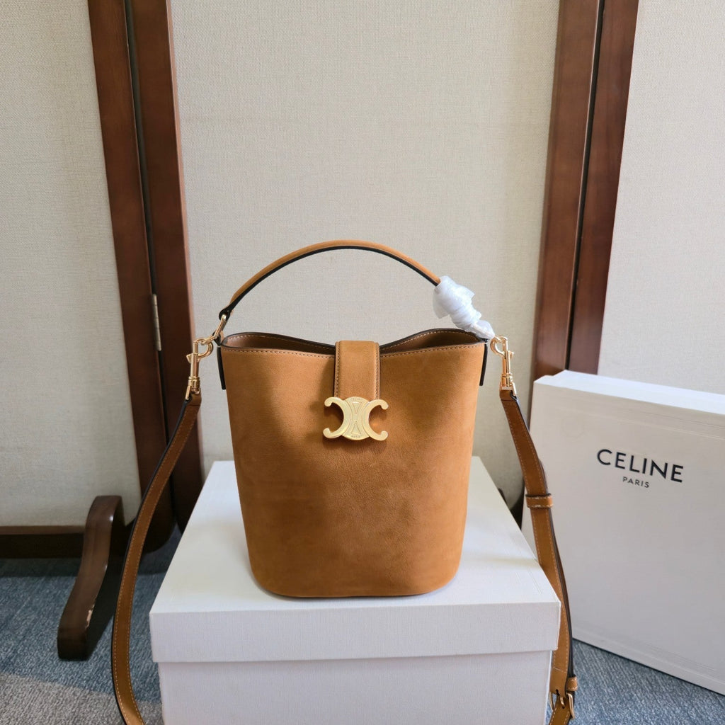 CELINE 25S LOUISE BAG 19MM IN BROWN SUEDE GOLD HARDWARE