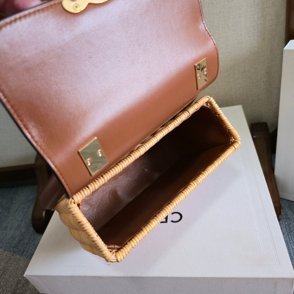 CELINE 25S TEEN GARANCE BAG 18 IN WICKER AND CARAMEL BROWN CALFSKIN