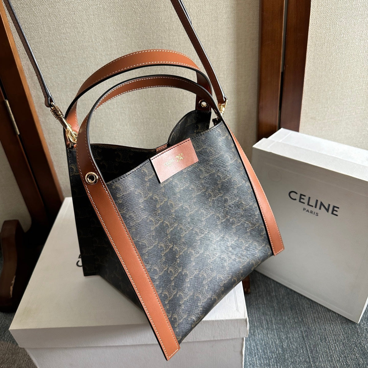 CELINE 25S CUBE BAG 18MM IN BLACK TRIOMPHE CANVAS AND DARK BORWN CALFSKIN