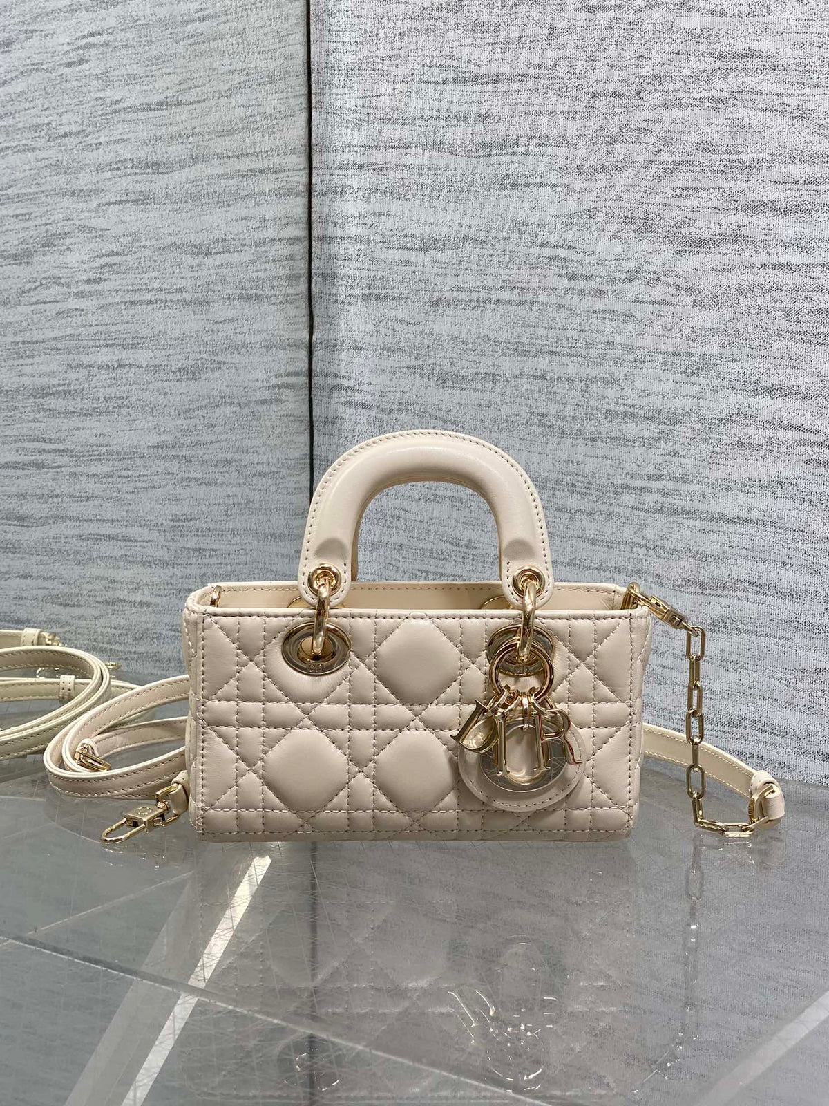 DIOR 25S MICRO LADY D-JOY 16 IN BEIGE LAMBSKIN GOLD HARDWARE