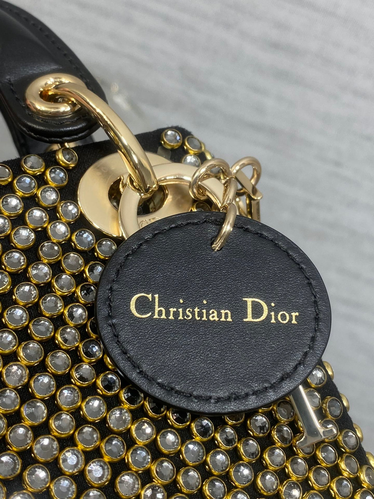 DIOR 25S MINI LADY D-LITE BAG 12 IN BLACK CANVAS AND CALFSKIN CRYSTAL-STUDDED