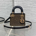 DIOR 25S MINI LADY D-LITE BAG 12 IN BLACK CANVAS AND CALFSKIN CRYSTAL-STUDDED