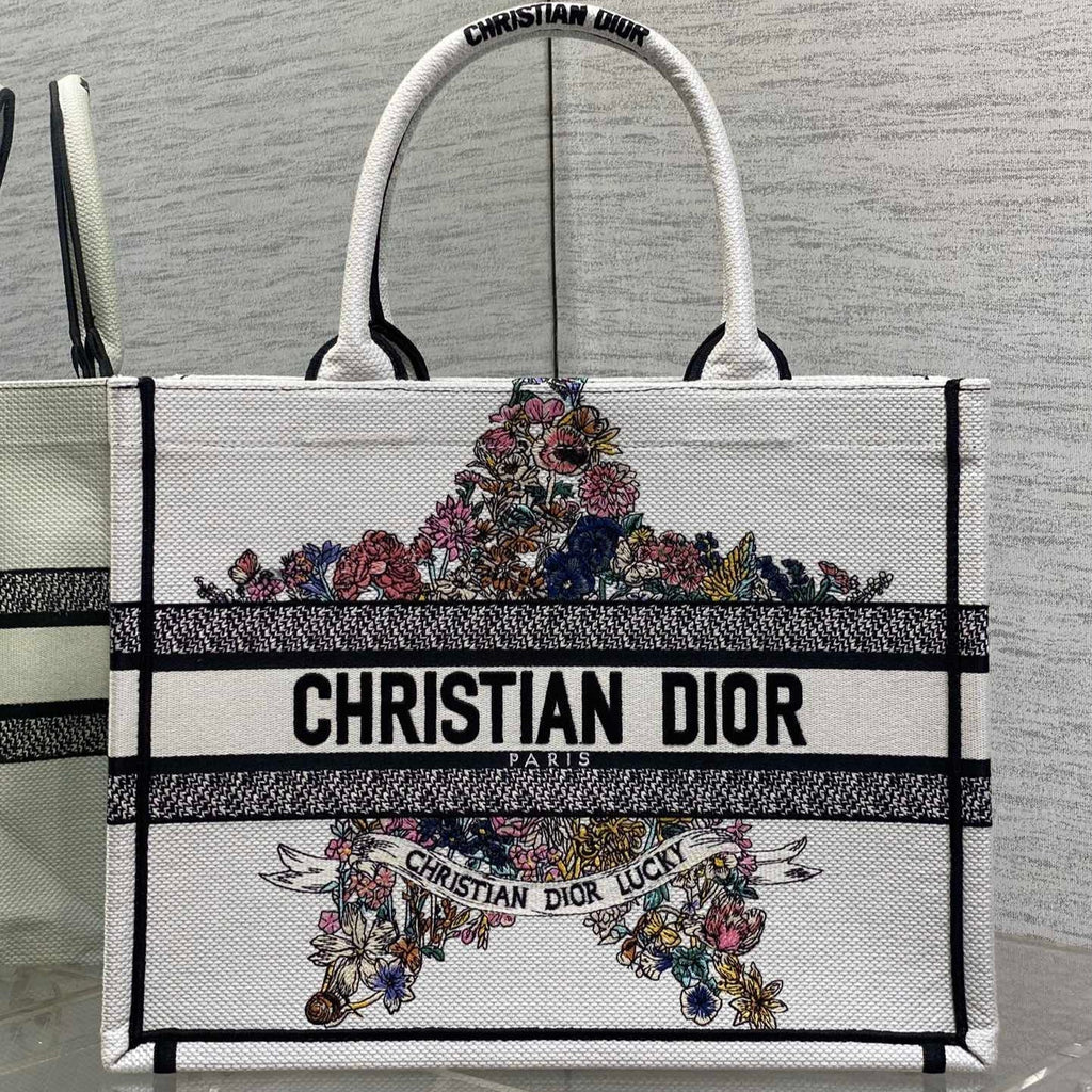 DIOR 25S LUCKY MEDIUM DIOR BOOK TOTE 36 IN WHITE MULTICOLOR DIOR STAR EMBROIDERY