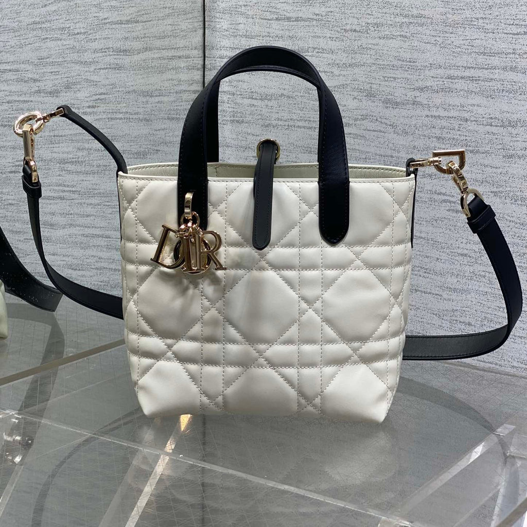 DIOR 25S TOUJOURS VERTICAL NANO TOTE BAG 18 IN IVORY BLACK MACROCANNAGE CALFSKIN