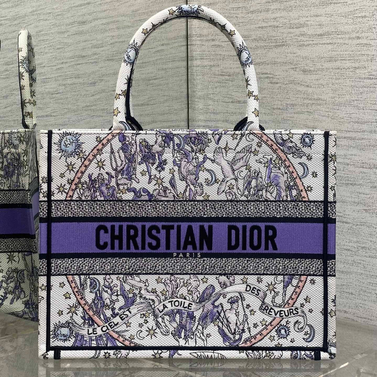 DIOR 25S LUCKY MEDIUM BOOK TOTE 36 IN WHITE AND PURPLE DIOR NIGHT OF DREAMS EMBROIDERY