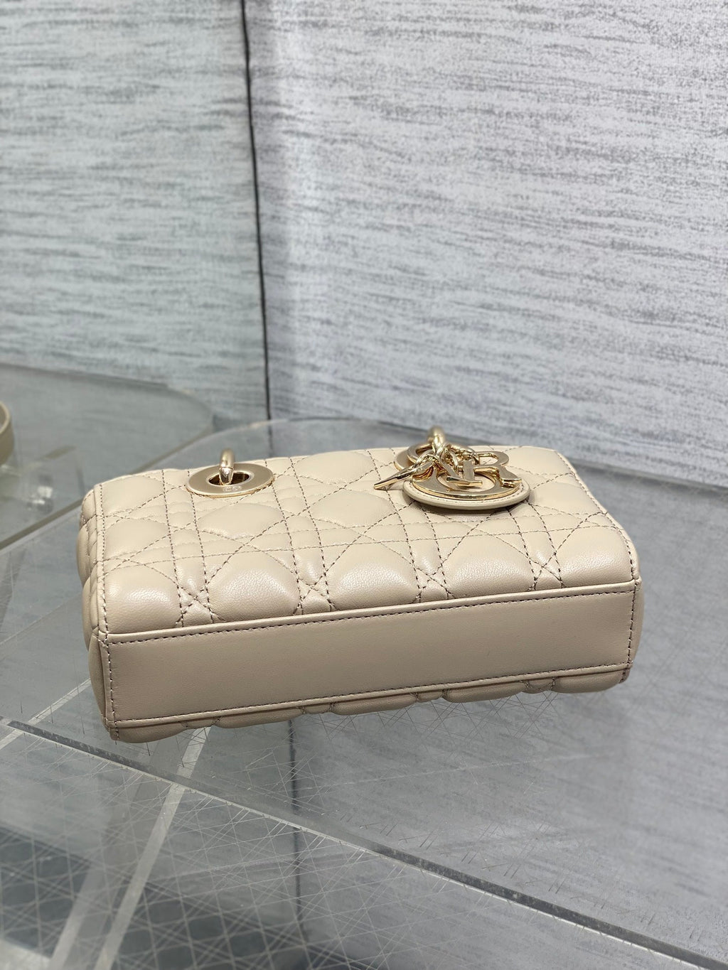 DIOR 25S MICRO LADY D-JOY 19 IN POWDER BEIGE CALFSKIN GOLD HARDWARE