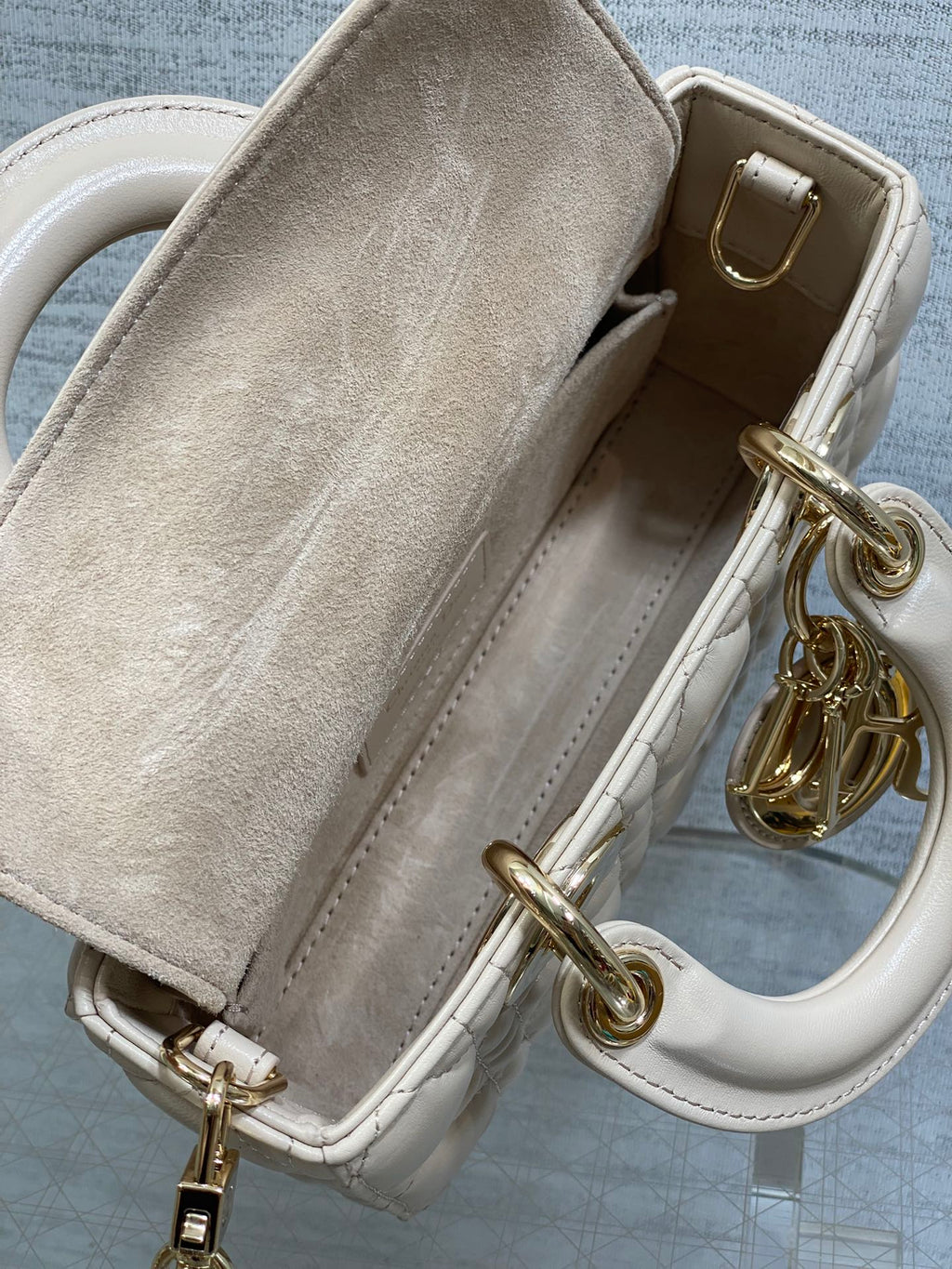 DIOR 25S MICRO LADY D-JOY 19 IN BEIGE CALFSKIN GOLD HARDWARE