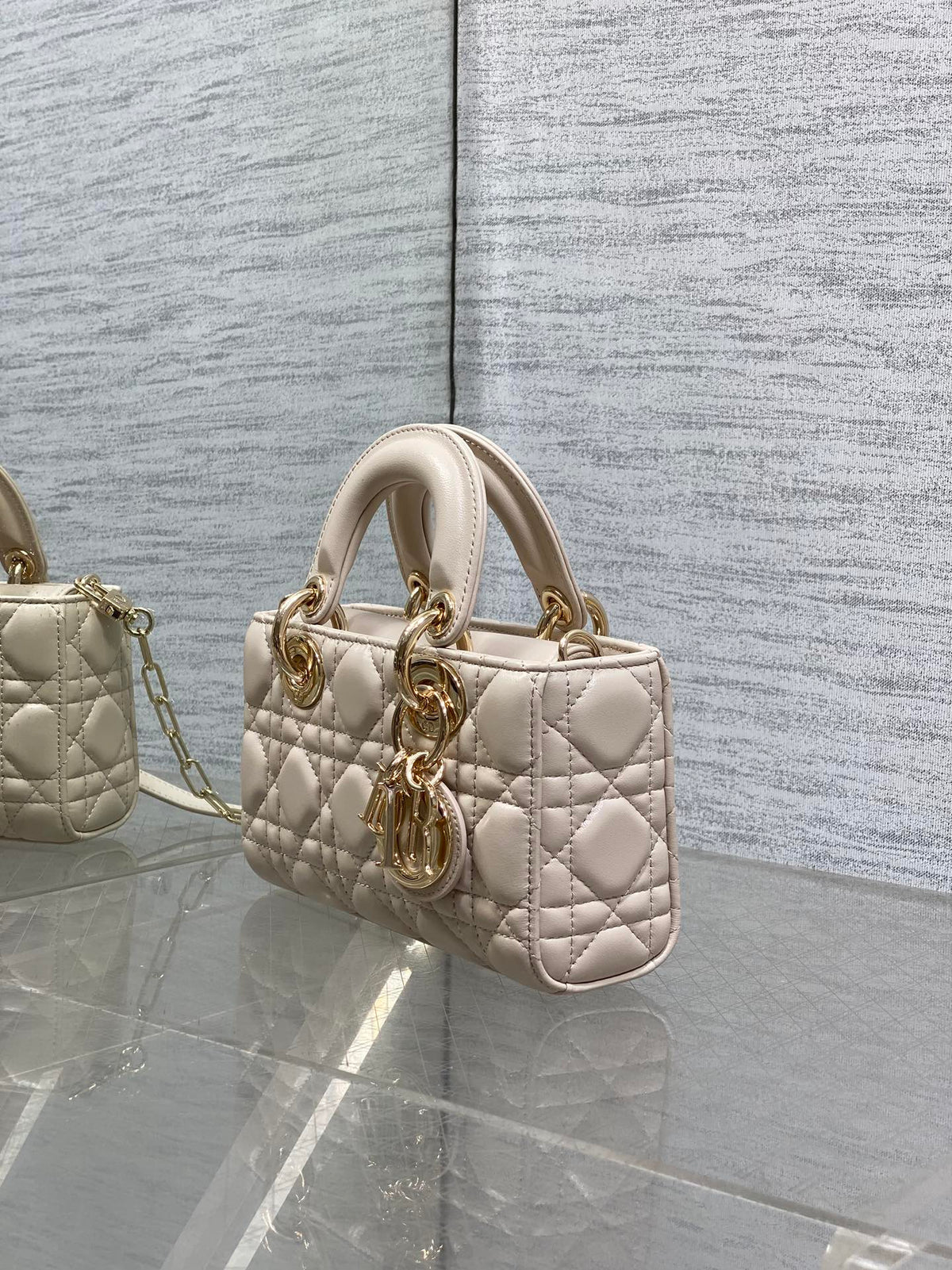 DIOR 25S MICRO LADY D-JOY 19 IN BEIGE CALFSKIN GOLD HARDWARE