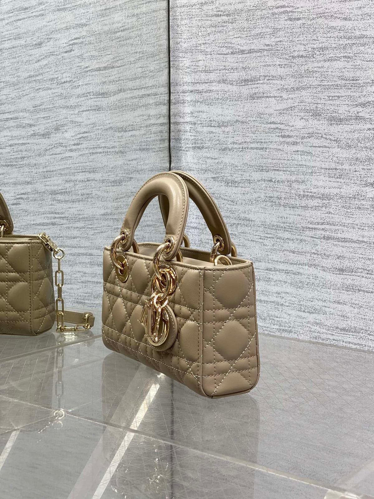 DIOR 25S SMALL LADY D‑JOY BAG 19 IN DARK BEIGE CANNAGE CALFSKIN GOLD HARDWRE