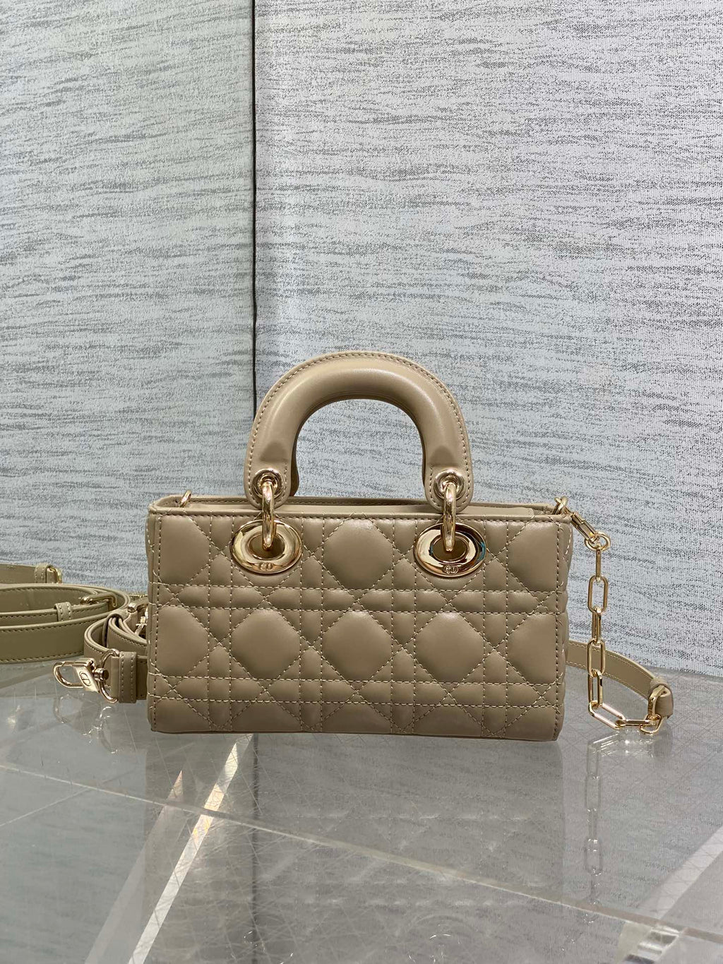 DIOR 25S SMALL LADY D‑JOY BAG 19 IN DARK BEIGE CANNAGE CALFSKIN GOLD HARDWARE