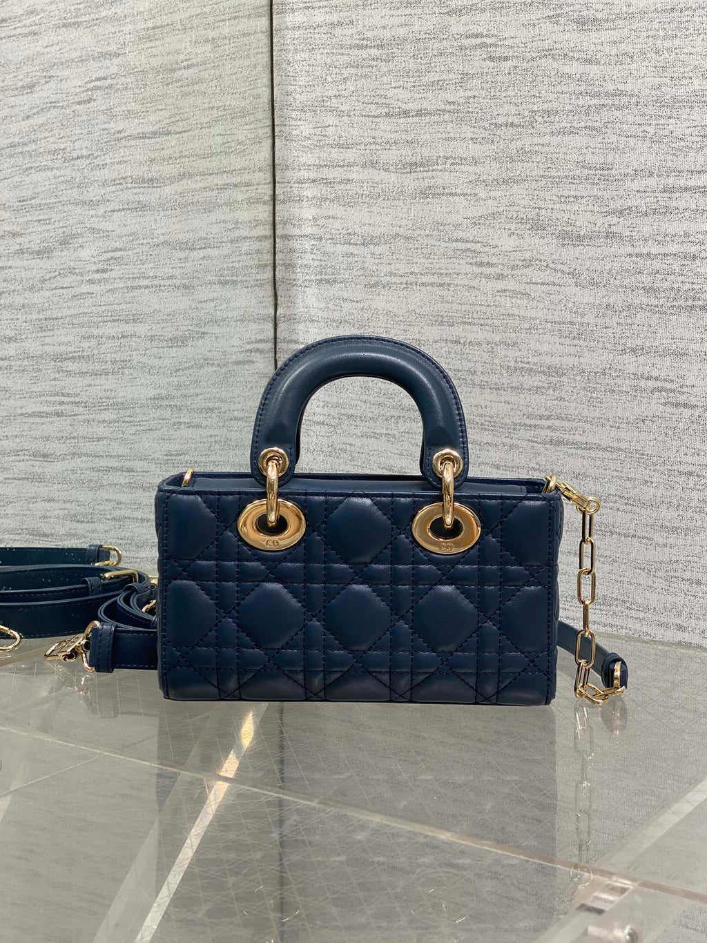 DIOR 25S SMALL LADY D‑JOY BAG 19 IN DARK BLUE CANNAGE CALFSKIN GOLD HARDWRE