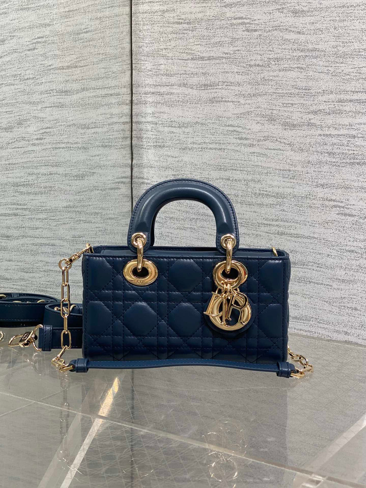 DIOR 25S SMALL LADY D‑JOY BAG 19 IN DARK BLUE CANNAGE CALFSKIN GOLD HARDWARE