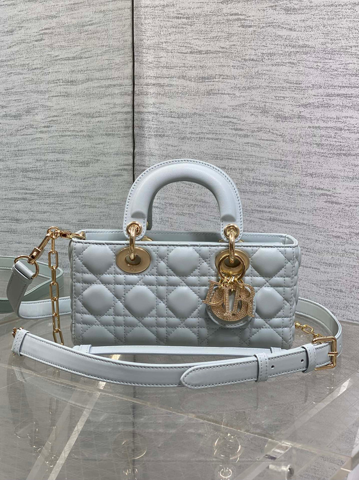 DIOR 25S SMALL LADY D‑JOY BAG 22 IN SHIRT BLUE CALFSKIN GOLD HARDWARE