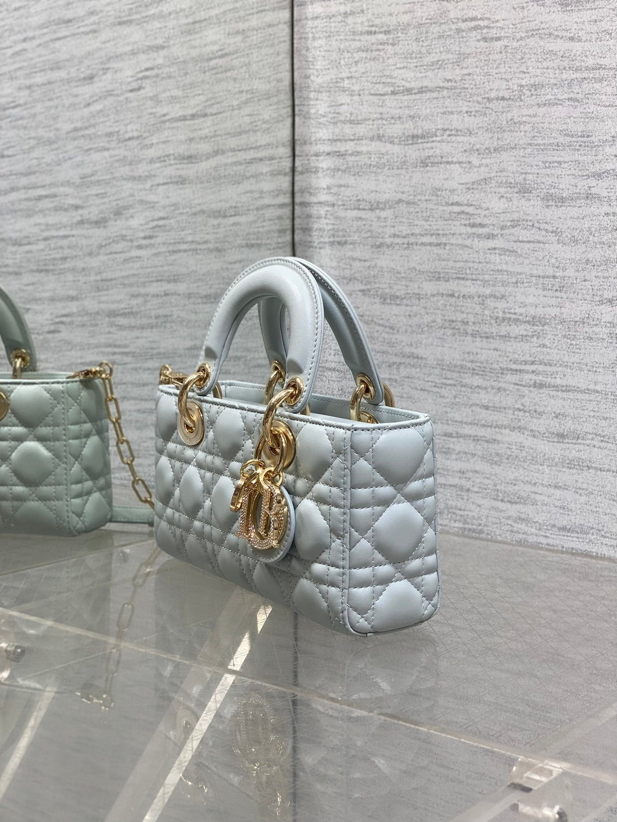 DIOR 25S SMALL LADY D‑JOY BAG 22 IN SHIRT BLUE CALFSKIN GOLD HARDWARE