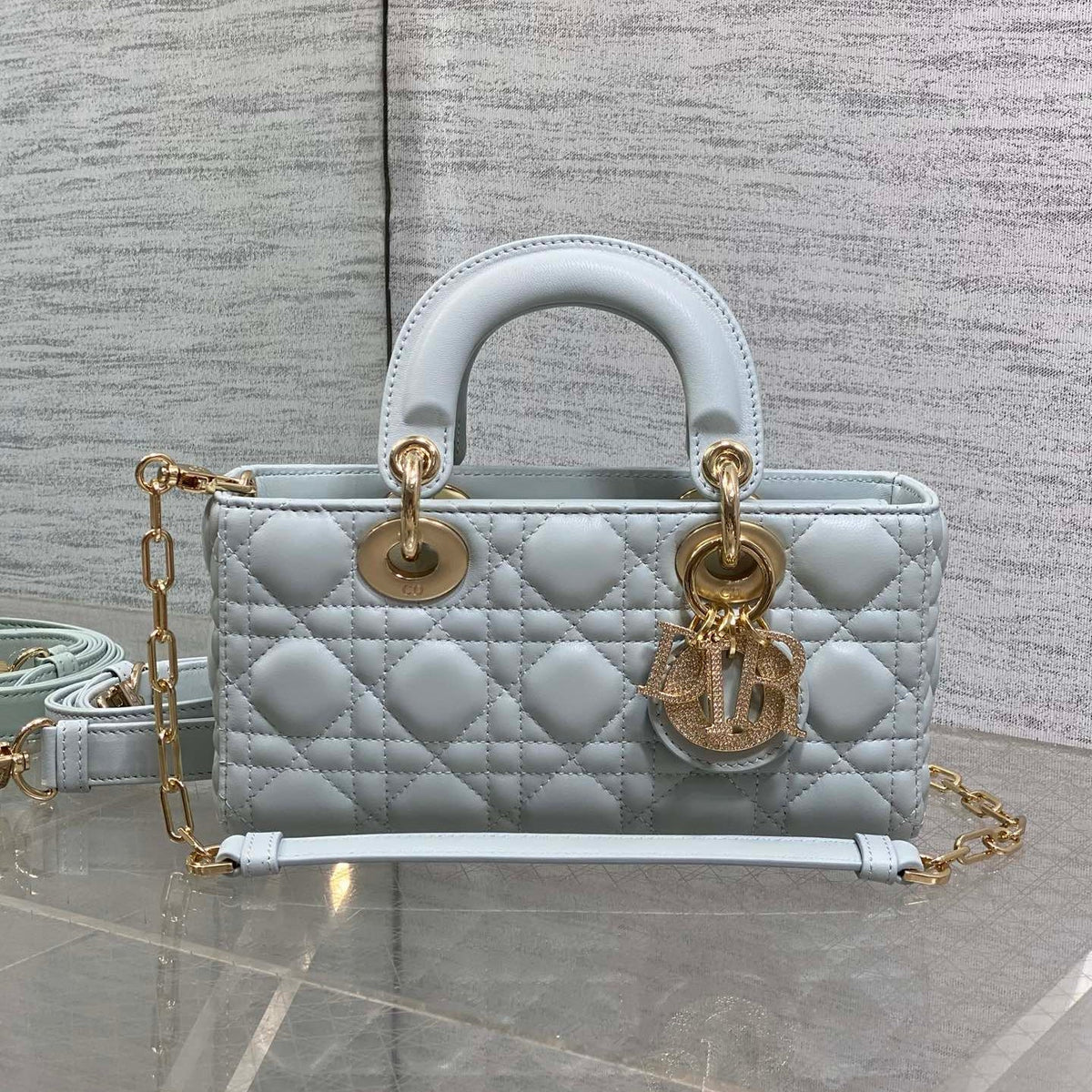 DIOR 25S SMALL LADY D‑JOY BAG 22 IN SHIRT BLUE CALFSKIN GOLD HARDWARE