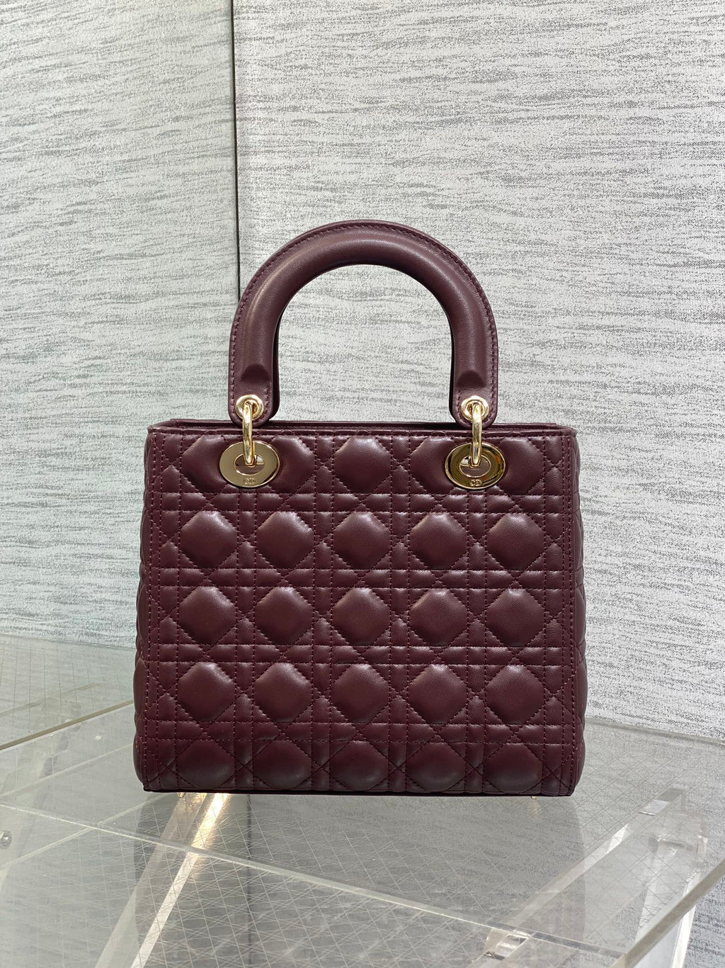 DIOR 25S MEDIUM LADY BAG 24 IN BURGUNDY CALFSKIN GOLD HARDWARE