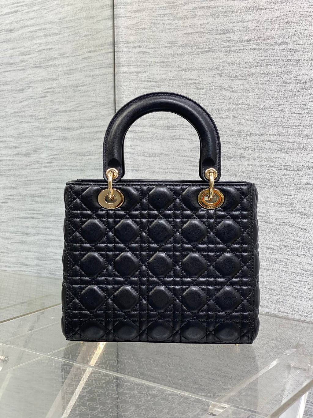 DIOR 25S MEDIUM LADY BAG 24 IN BLACK CALFSKIN GOLD HARDWARE