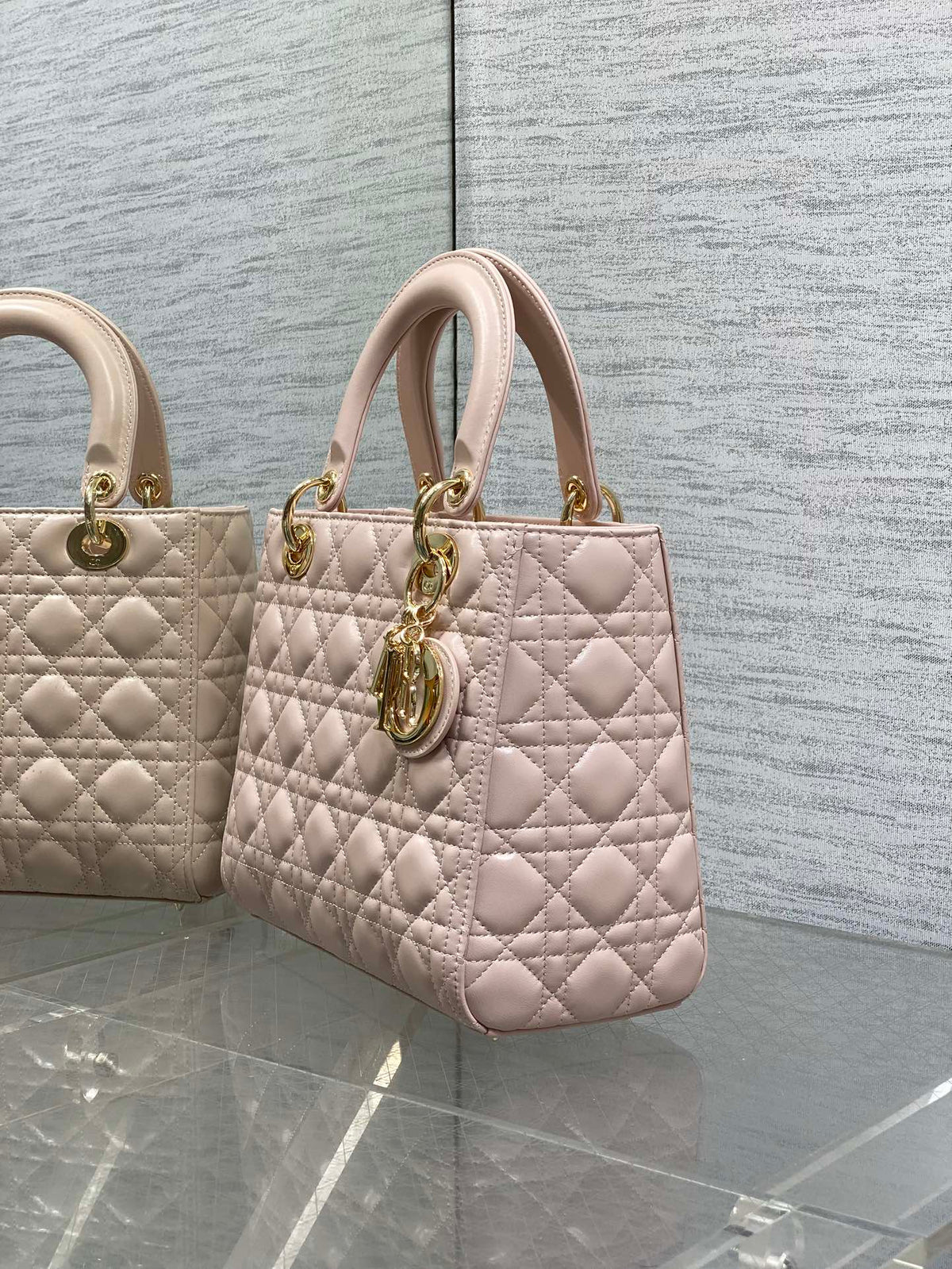 DIOR 25S MEDIUM LADY BAG 24 IN PINK CALFSKIN GOLD HARDWRE