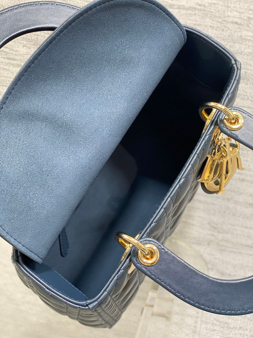 DIOR 25S MEDIUM LADY BAG 24 IN DEEP OCEAN BLUE CALFSKIN GOLD HARDWARE