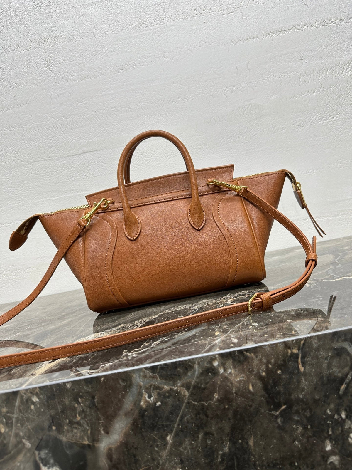 CELINE 25S NEW LUGGAGE 38MM IN TAN BROWN LAMBSKIN GOLD HARDWARE