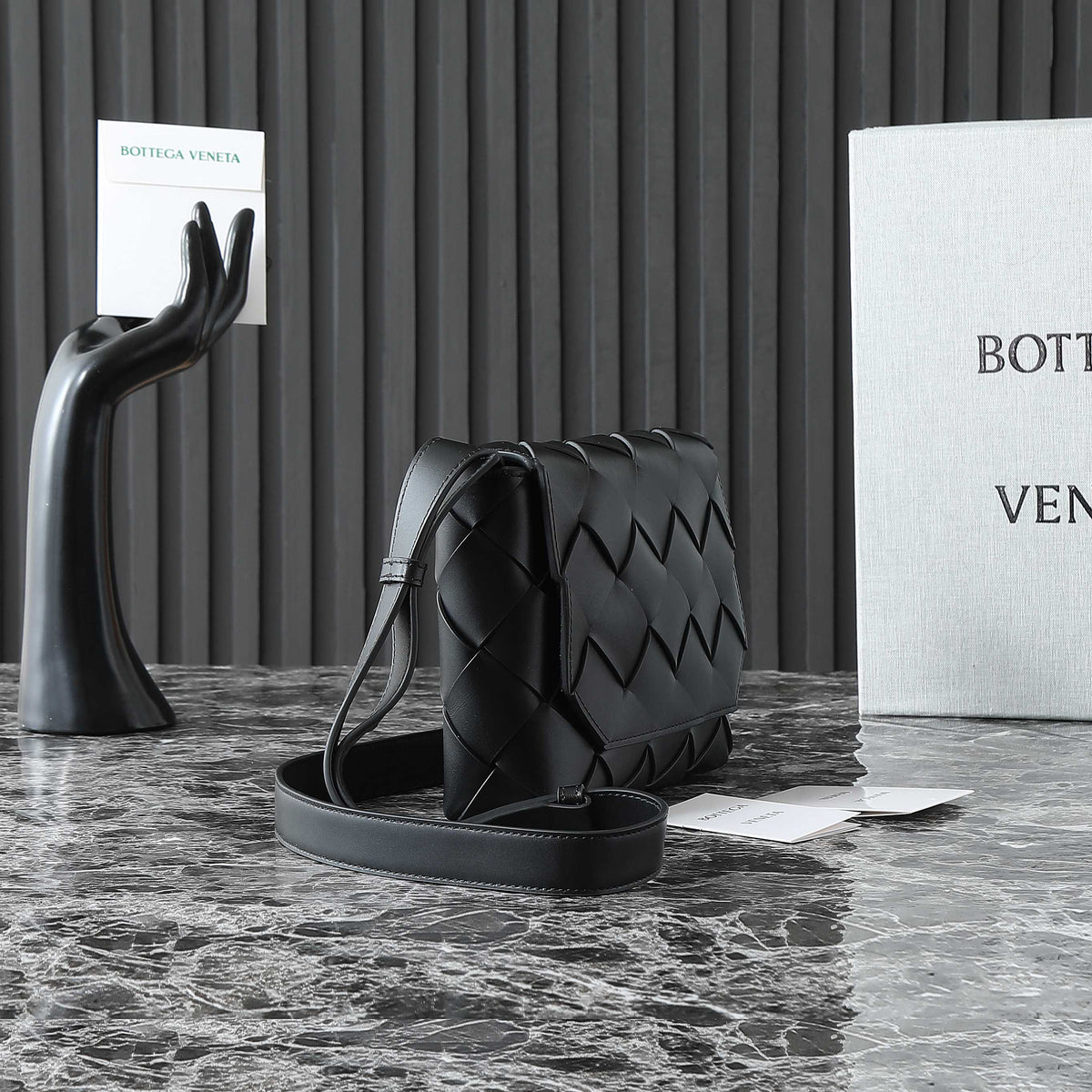 BOTTEGA VENETA 25S DIAGO 22 IN BLACK CALFSKIN PATENT SILVER HARDWARE