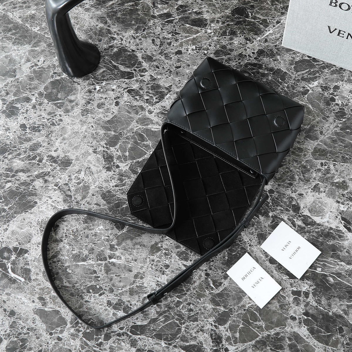 BOTTEGA VENETA 25S DIAGO 22 IN BLACK CALFSKIN PATENT SILVER HARDWARE