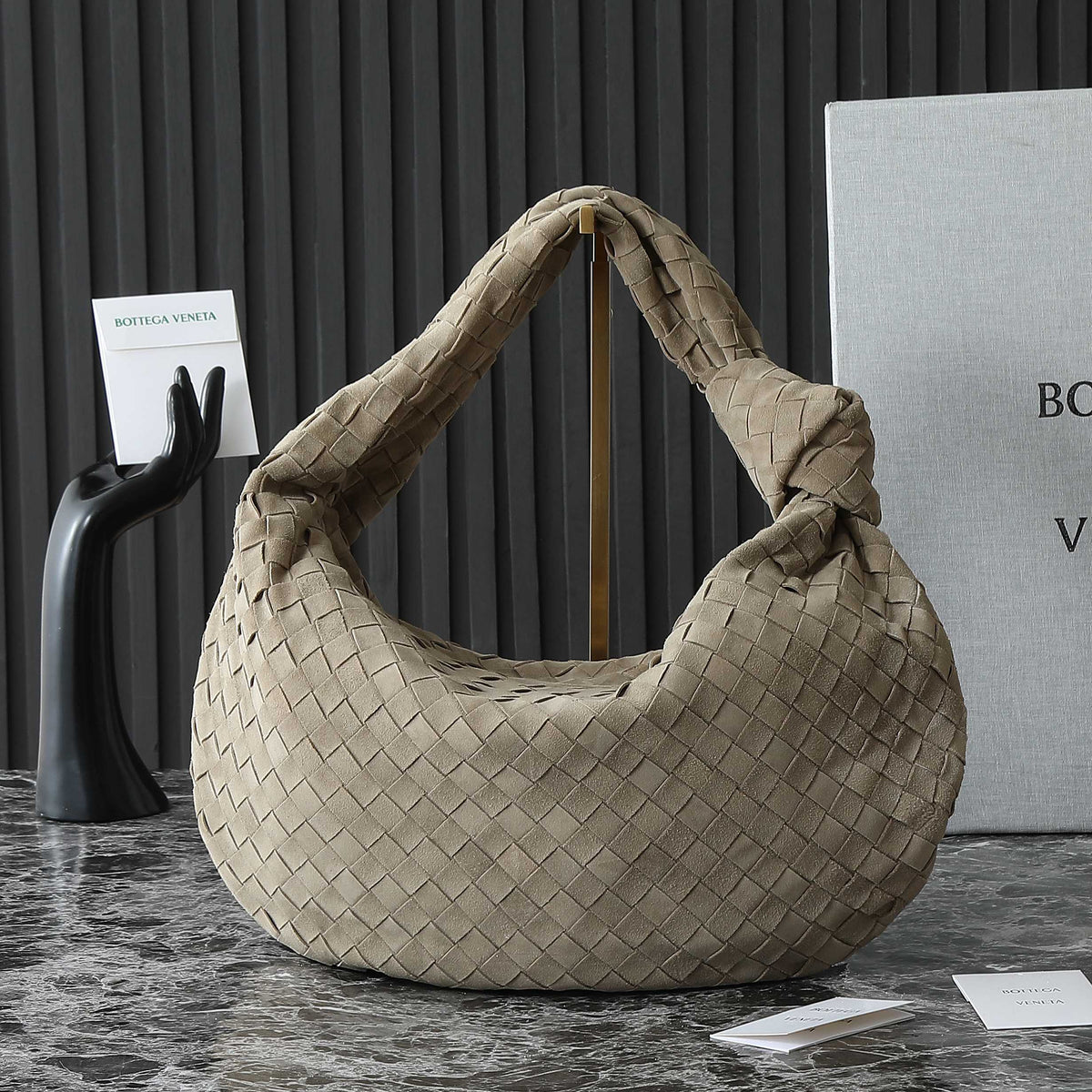 BOTTEGA VENETA 25S SMALL JODIE 48 IN MUTED TAUPE SUEDE GOLD HARDWARE