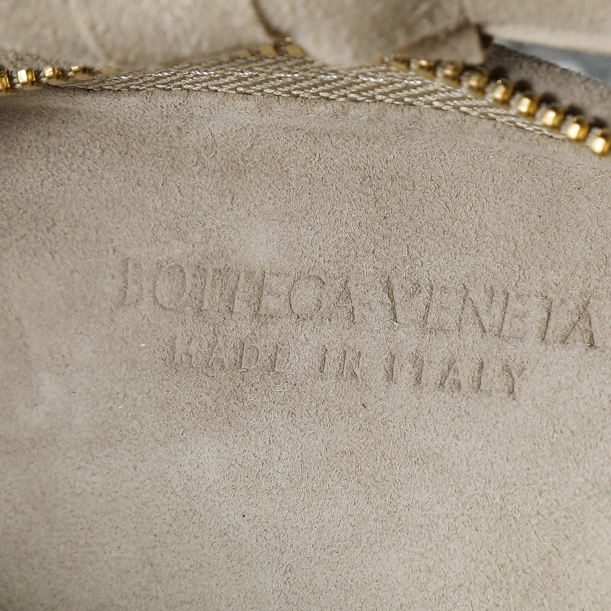 BOTTEGA VENETA 25S MINI JODIE 28 IN MUTED TAUPE SUEDE GOLD HARDWARE